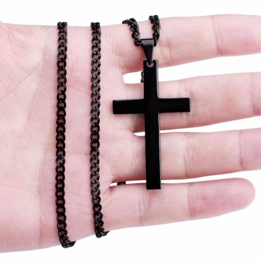 Male Black Inverted Cross Pendant Necklace For Men Stainless Steel Choker Jewelry: BK