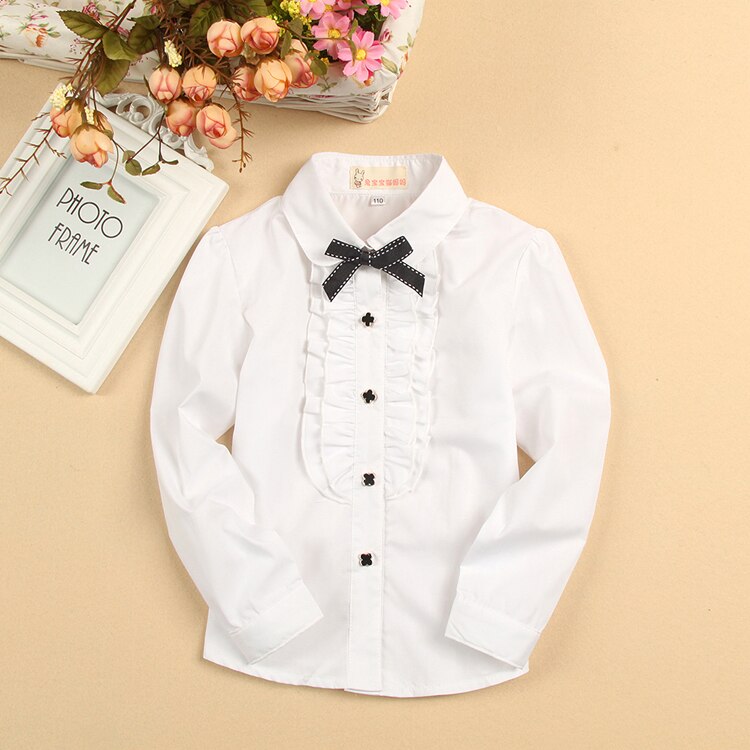 Meisjes School Effen Witte Shirts Met Strikje, meisjes Casual Lente Herfst Lange Mouwen Shirts