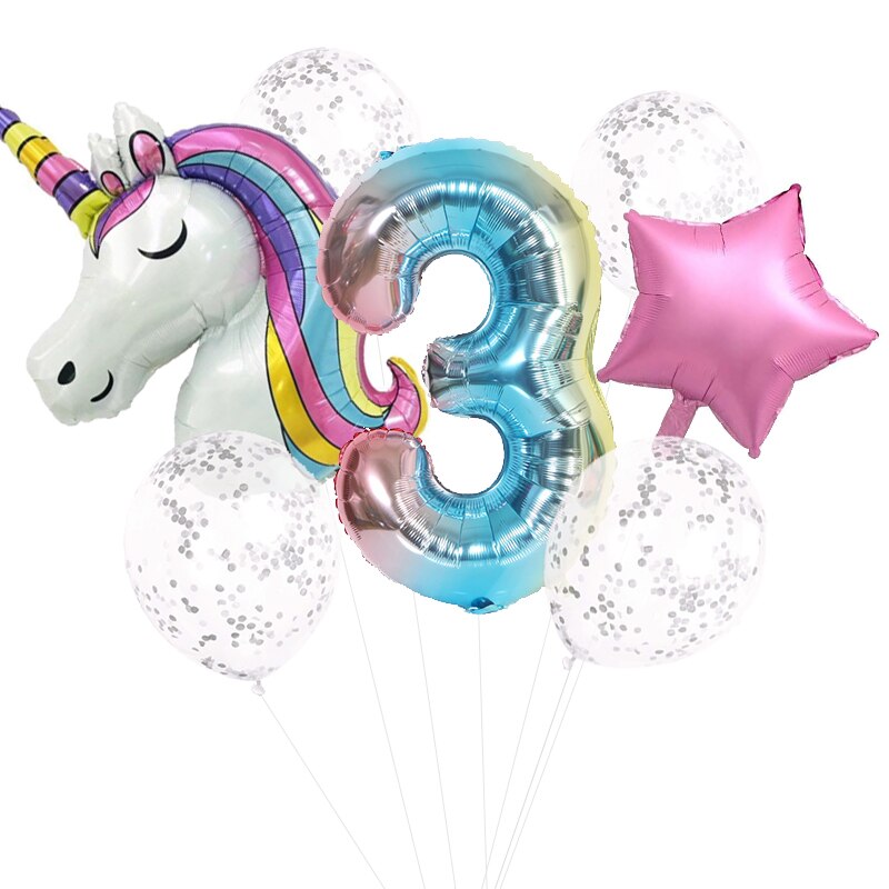 7 st regnbåge unicorn party ballonger unicorn födelsedagsdekoration nummer ballong barn födelsedagsfest dekoration för tjejer: 3 enhörning