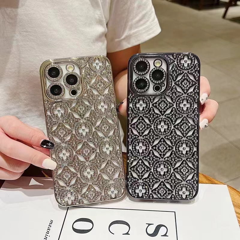 Modernt diamantformad blomma med fint hål i linsen, lämplig för iphone 15 14 13 12 11 pro max, stötdämpande bakstycke