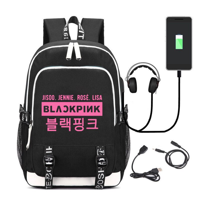 WISHOT KPOP, mochila coreana Blackpink Jennie Lis, mochila de hombro, bolsa de viaje para la escuela para adolescentes, bolsas casuales de carga USB para ordenador portátil: 11