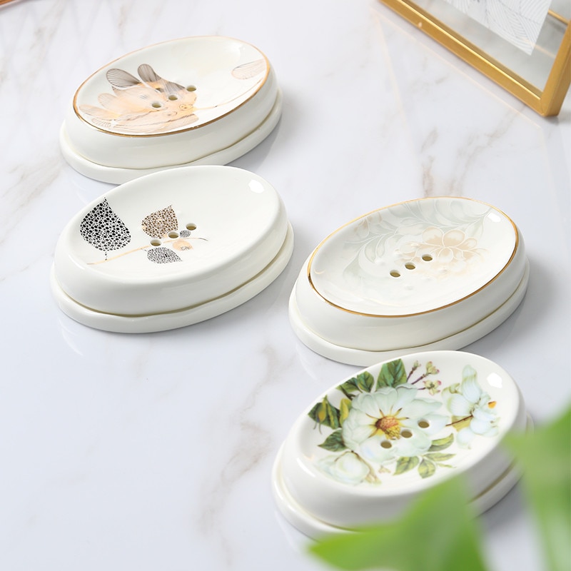 European Pastoral Bone China Soap Box Ceramic Bathroom Toilet White Porcelain Soap Draining Dish Home Light Luxury Soap Tray
