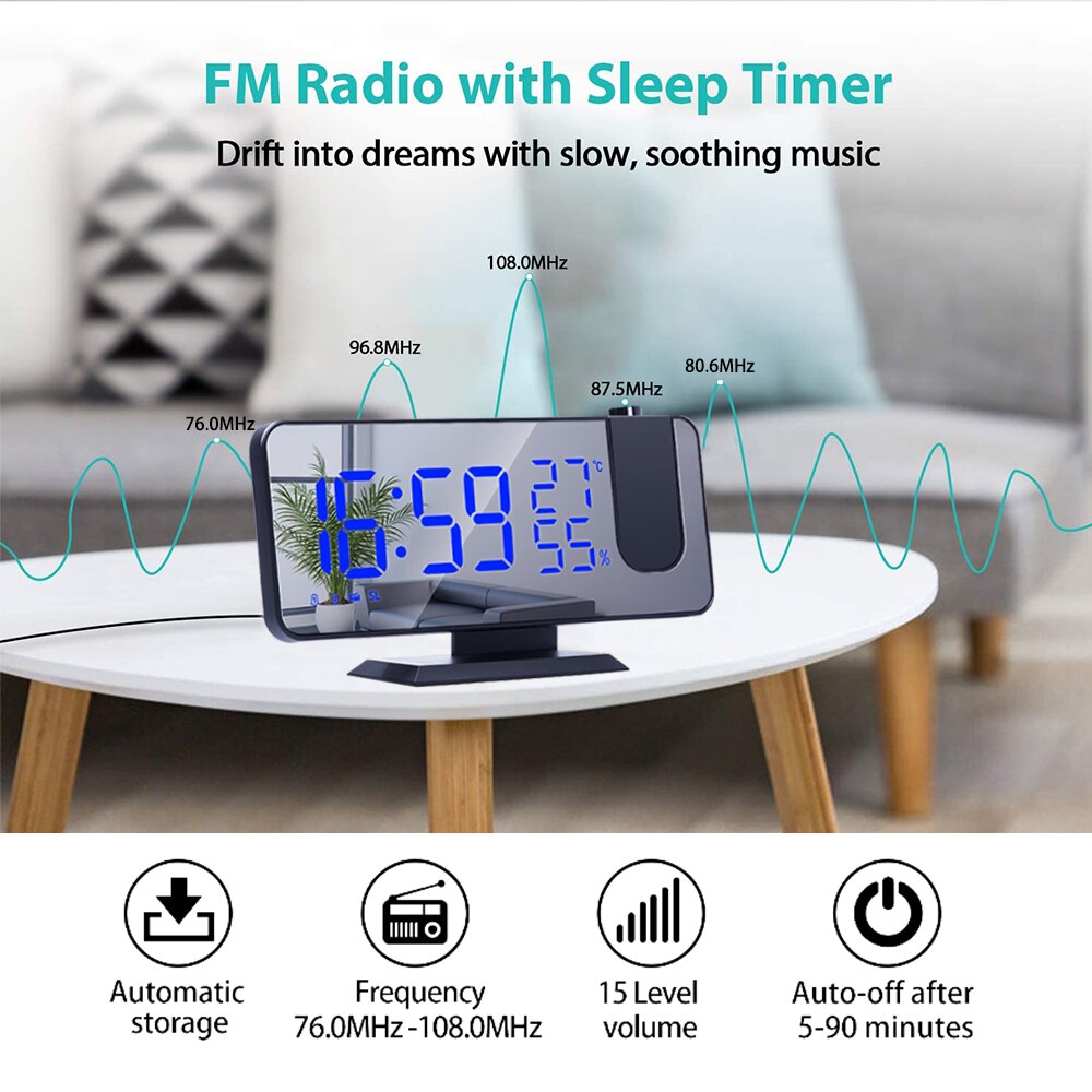 Reloj Despertador Digital con Proyección LED, Dispositivo Electrónico para Mesilla de Noche del Dormitorio con Radio FM y Proyector de Tiempo