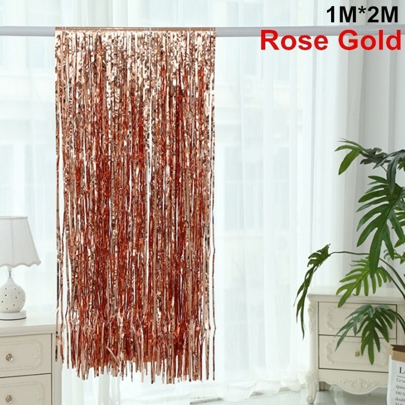 Metallic Foil Fringe Party Backdrop Curtains Glitter Tinsel Foil Fringe for Christmas Wedding Birthday Party Wall Decorations: rose gold / 2mx1m (length width)