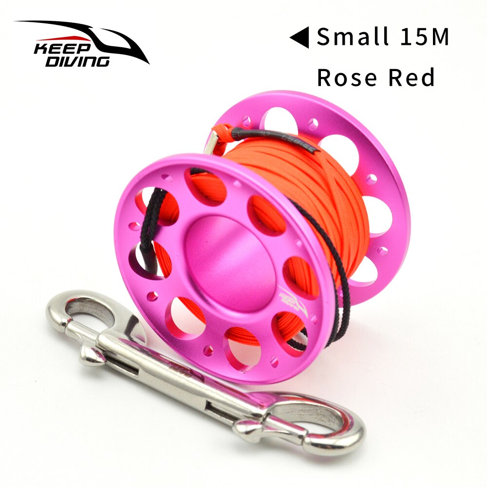 Carrete de dedo de aleación de aluminio para buceo, de 15M/30M, de acero inoxidable con gancho de doble extremo, equipo SMB para buceo en cuevas: Rose 15M