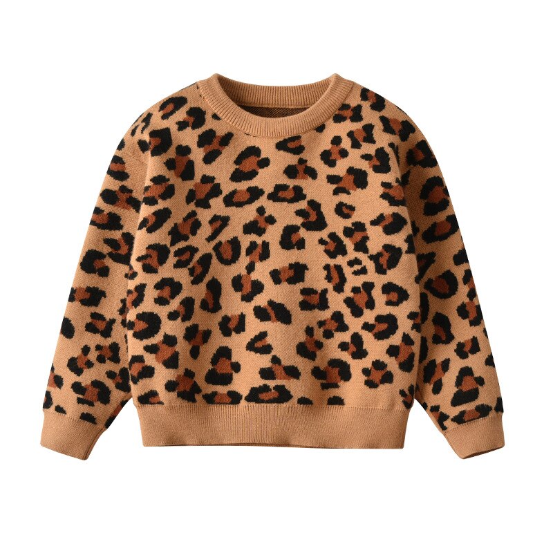 Patpat forår og efterår stilfuld trøje med leopardprint til børn drenge og piger trøjer baby pige tøj: Brun / 8-9 år
