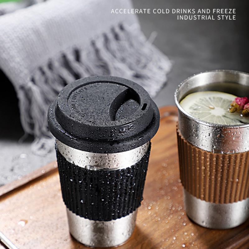 Stainless Steel Coffee Cup with Silicone Lids Non-slip Anti-scalding Sleeves Drinking Tumblers Beer Milk Tea Coffee Mugs 400ml