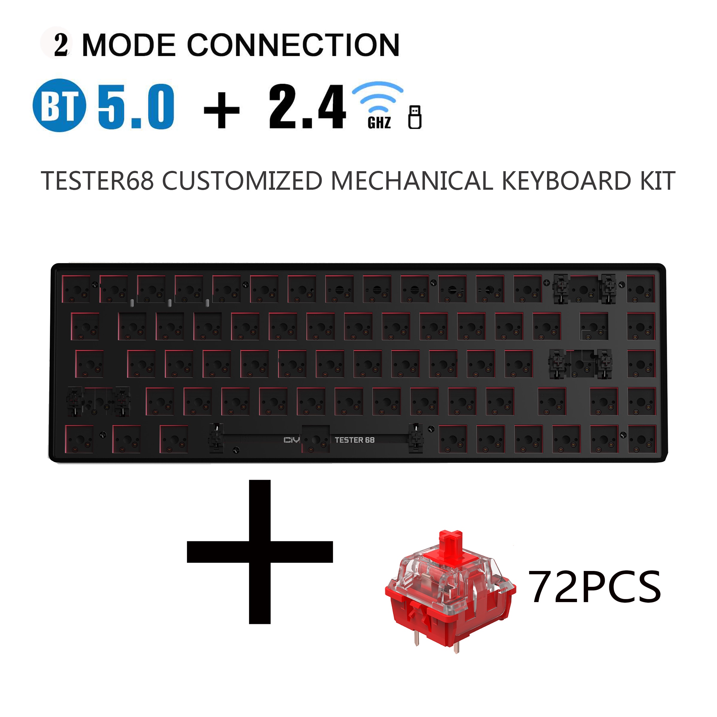 TESTER68 – Kit de clavier mécanique sans fil, Bluetooth 2.4G, 2 modes de jeu, 60%, pour interrupteur 3 broches/5 broches: bkack.switch