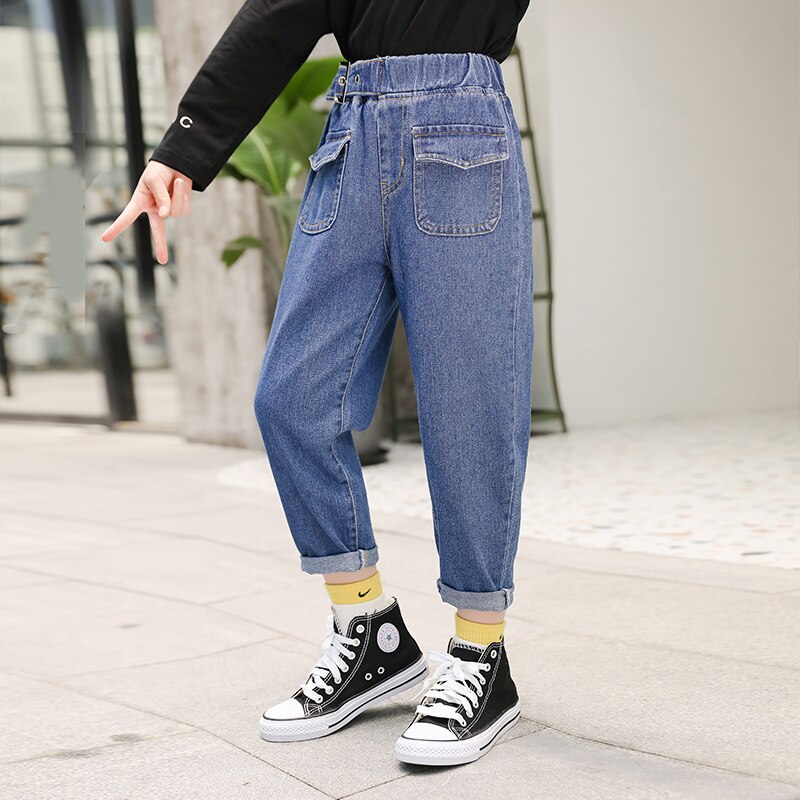 automne bébé filles jean avant patch poche Denim pantalon ceinture décoration enfants pantalons enfants filles jean pantalon décontracté