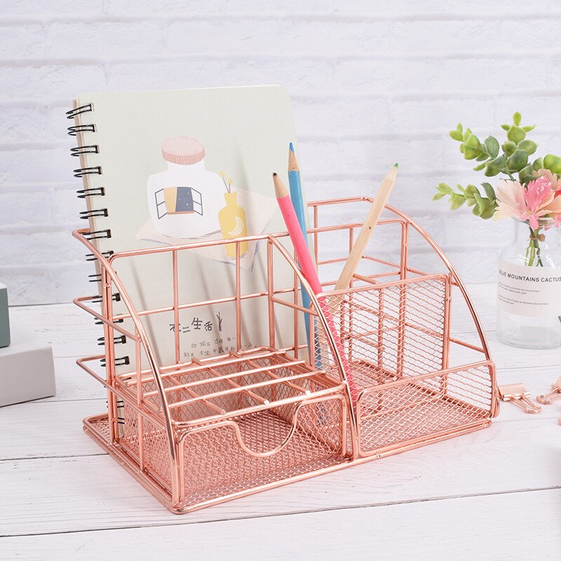 Rose Gold Desktop Storage Box Desk Magazine Rack with Pen Holder, Handmade Metal File Office Organizer Paper Tray Drawer Stor