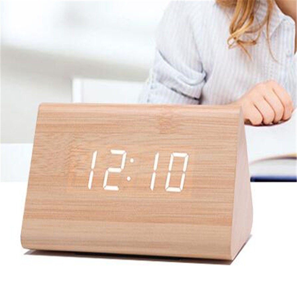 Moderne digitalt led vækkeur lydkontrol træ despertador desktop ur fugtighed temperatur display: 7