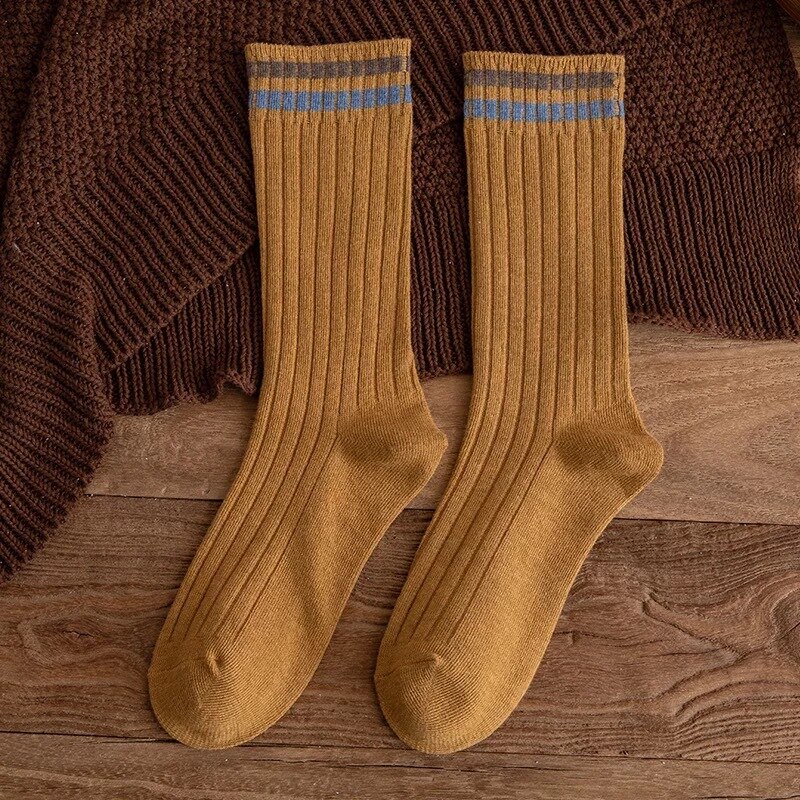 Chaussettes Vintage en coton pour femmes, longues, amples, solides, tricotées, rayées, respirantes, collection printemps-automne: Brown
