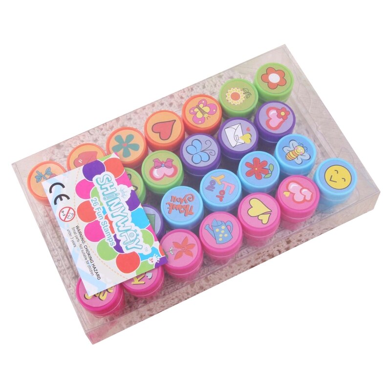 Sello redondo de dibujos animados para niños, 26 Uds., autoentintable, placa de Scrapbooking, sellos de tinta para niños, , Juguetes: 4