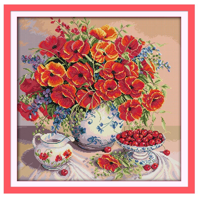 Poppy and Cherry Patterns Counted Cross Stitch 11CT 14CT Cross Stitch Sets Chinese Cross-stitch Kits Embroidery Needlework