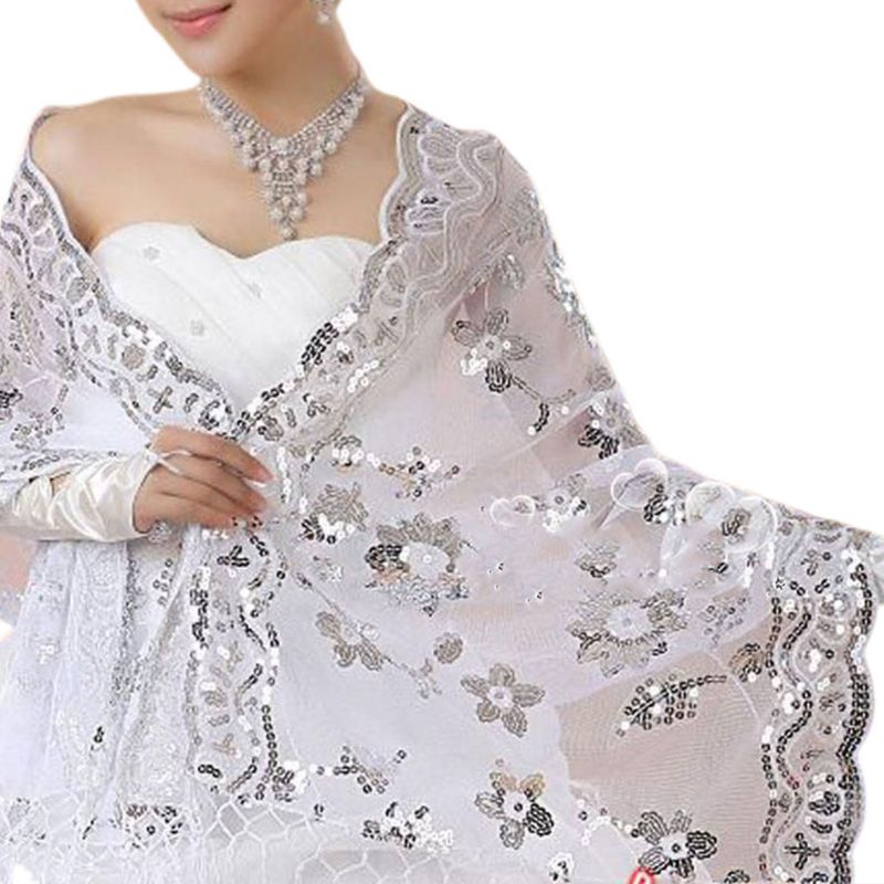Brud brudekjole kvinner cheongsam sjal hvite blonder broderte paljetter lange sjal