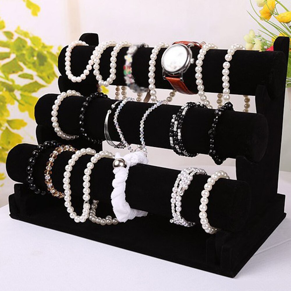 Wielowarstwowy, czarny, przenośny, aksamitny stojak na bransoletki, bransoletki, naszyjniki, nakrycia głowy, organizer na zegarki i biżuterię, stojak w kształcie litery t