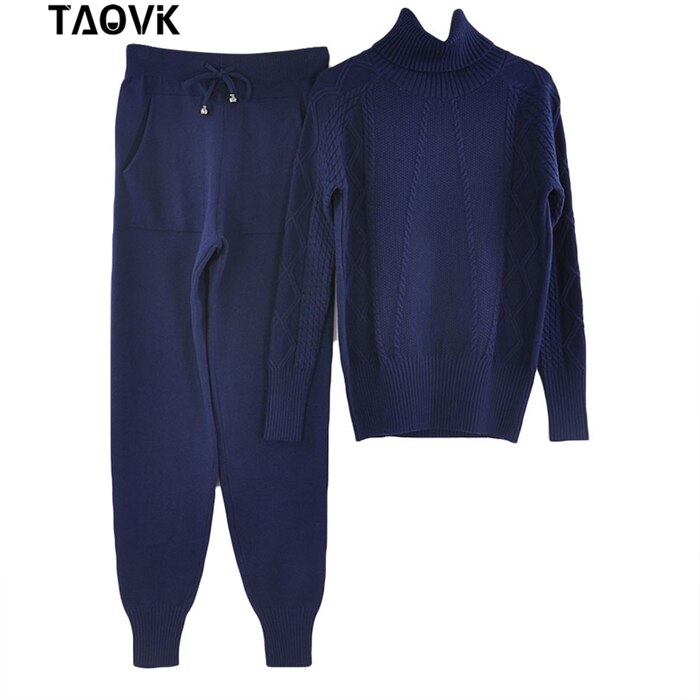 TAOVK Soft Knitted Suits warm sweater suit Women's Twist knitting turtleneck sweater top and pants Loose Style tracksuit ropa: Navy Blue