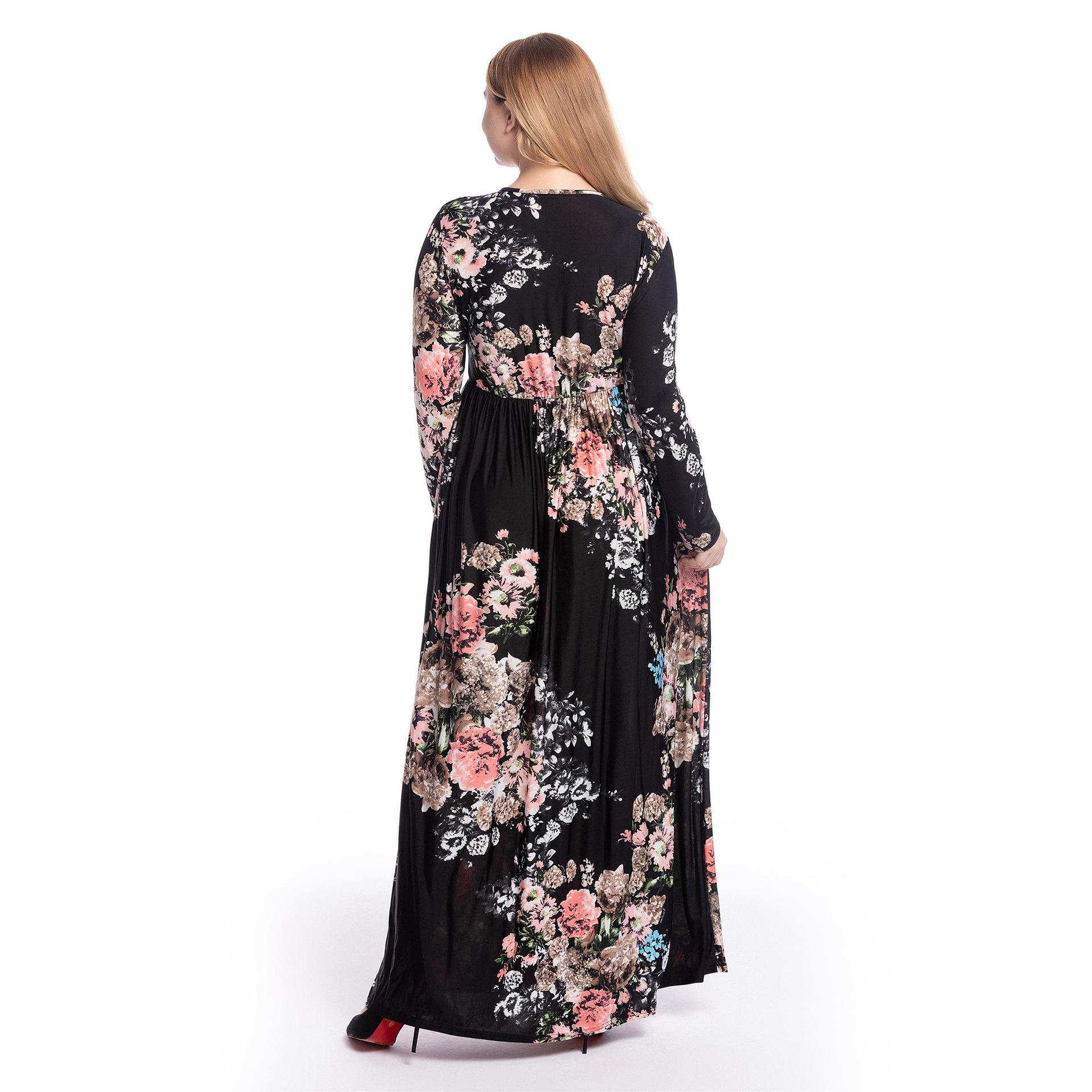 Plus size boho blomsterprint maxi lang kjole til kvinder festkjole draperet langærmet muslimsk casual malaysia oman kjoler