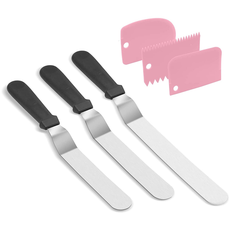 Angled Icing Spatula Set and 3 Packs Cake Scrapers Smoother, Stainless Steel Offset Spatulas Cake Frosting Spatula: Pink