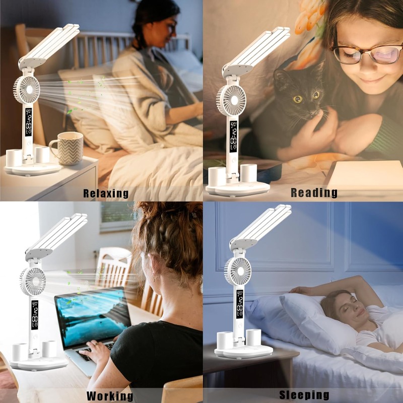 Oplaadbare tafellamp Vierkoppig voor studie Bureaulamp Leeslamp Led-tafellamp met ventilator Led-klok Dispaly-leeslamp