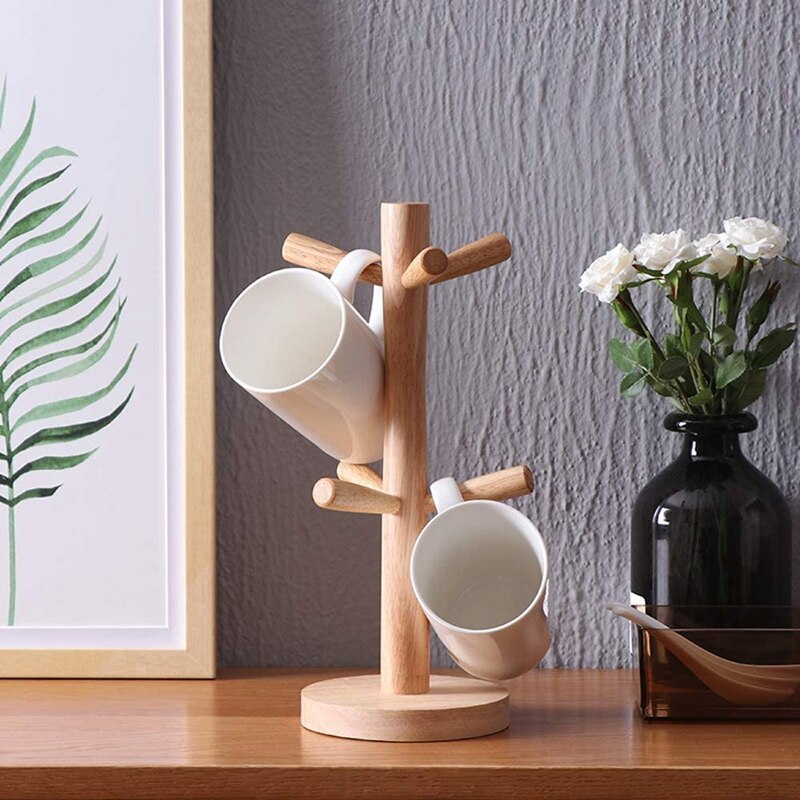 Wooden Mug Tree Holder with 6 Hooks, Mug Rack Display Stand Cups Organizer Dryer, Tea Coffee Cup Mug Hooks