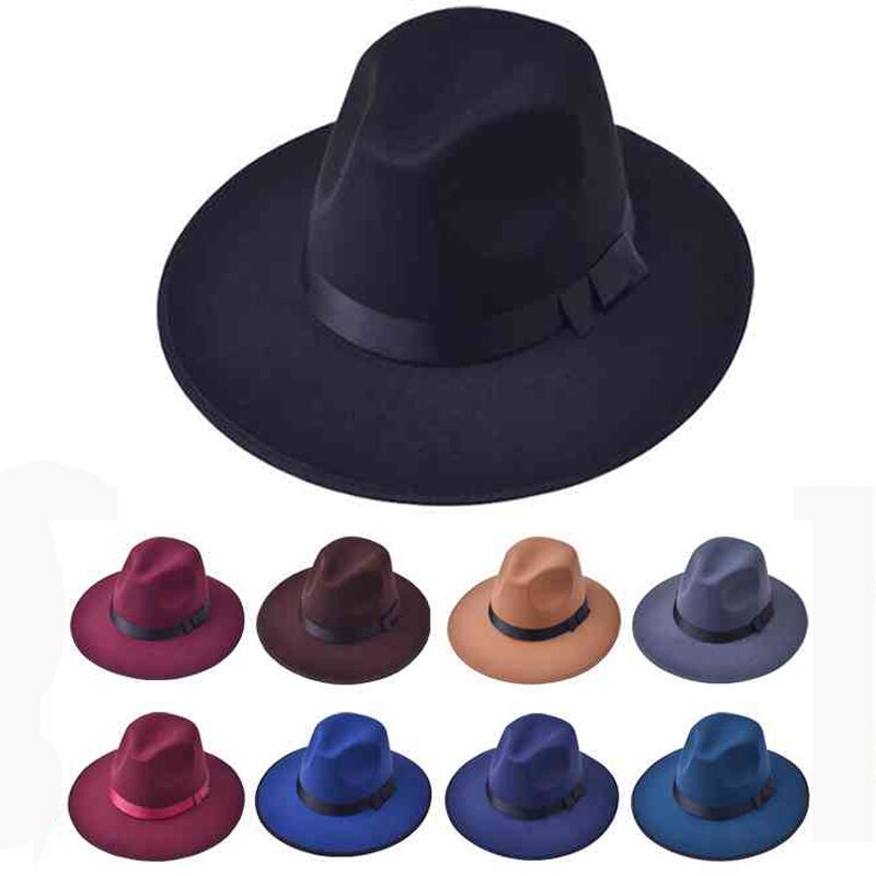 Chapeau Fedoras en laine pour femme, classique, couleur unie, en feutre, à bord plat, Jazz, seau, hiver, printemps et été