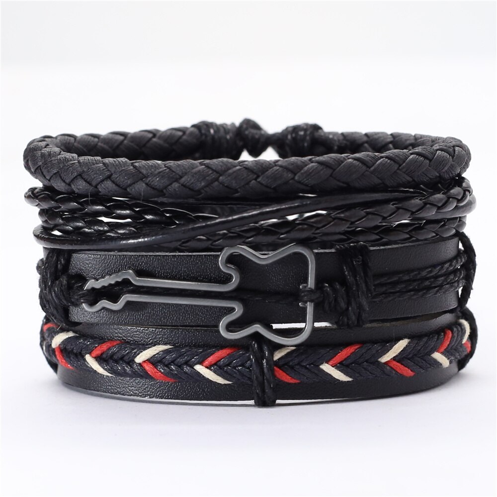 La fiducia In Dio Fede Nero Chitarra Foglia di Perline Braccialetto Braccialetti di Cuoio Set Degli Uomini Dei Braccialetti Delle Donne Homme Gioelleria Raffinata E Alla Moda Accessori: style  9