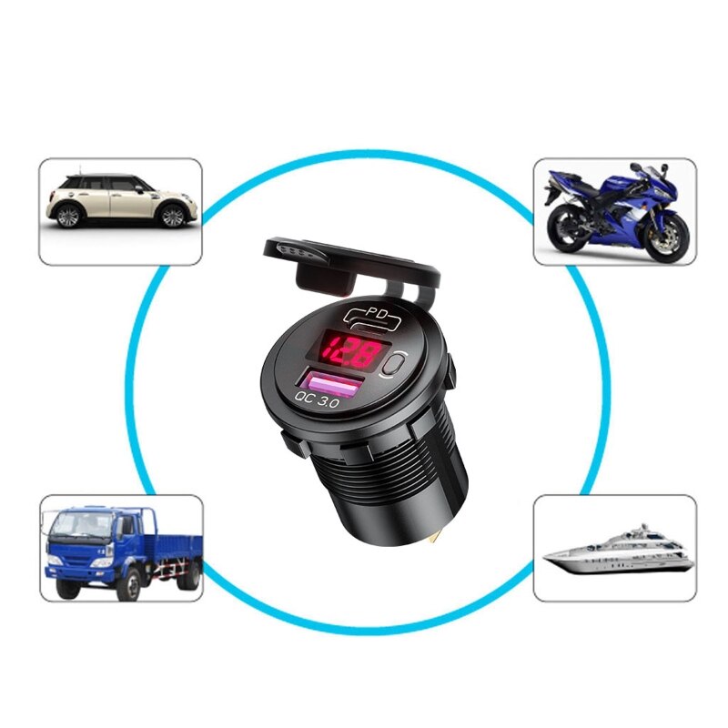 12V 24V Type C PD QC3.0 USB Car Boat Fast Charger With Voltmeter ON OFF Switch