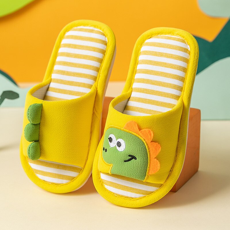 Printemps automne enfants pantoufles pour garçons filles fond souple anti-dérapant intérieur maison chaussures enfants dinosaure respirant lin pantoufles: Yellow / 3435