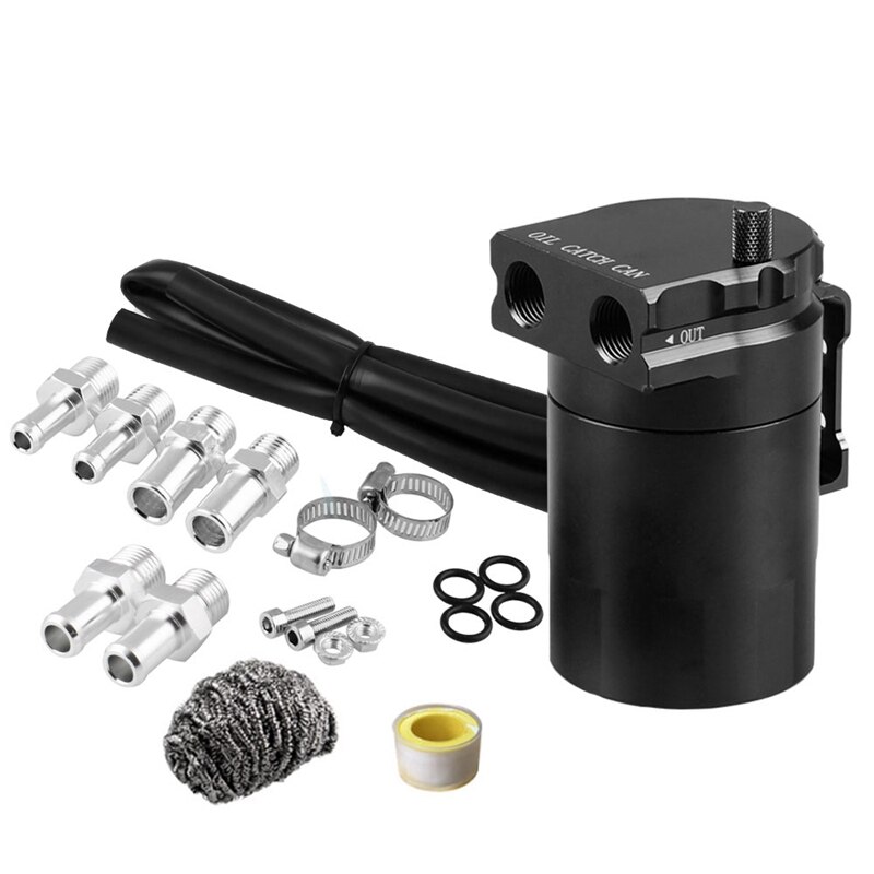 Baffled Universal Oil Catch Can Reservoir Tank Kit with 3/8 Inch NBR Fuel Line and Steel Wool Aluminum Blue 300Ml: Default Title