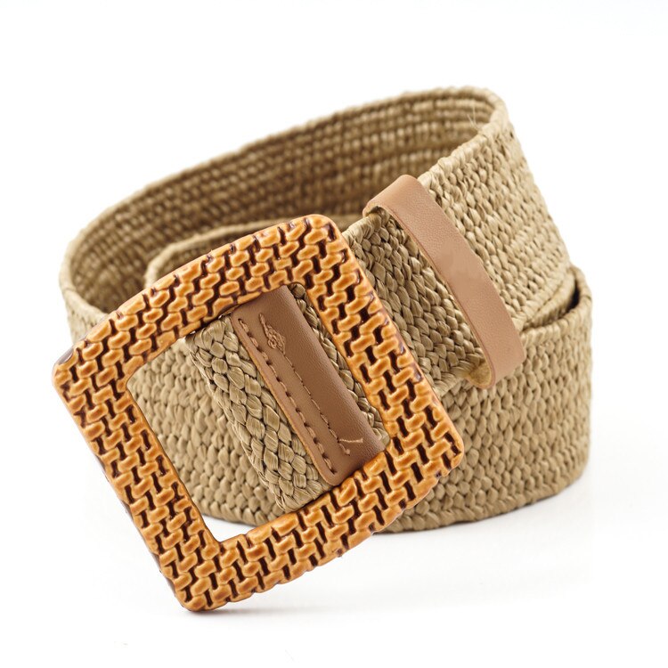 Female Knitted Wax Rope Wide Elastic Belt Women Vintage Square Big Pin Buckle PP Straw Handmade Black Waist Belt BL592