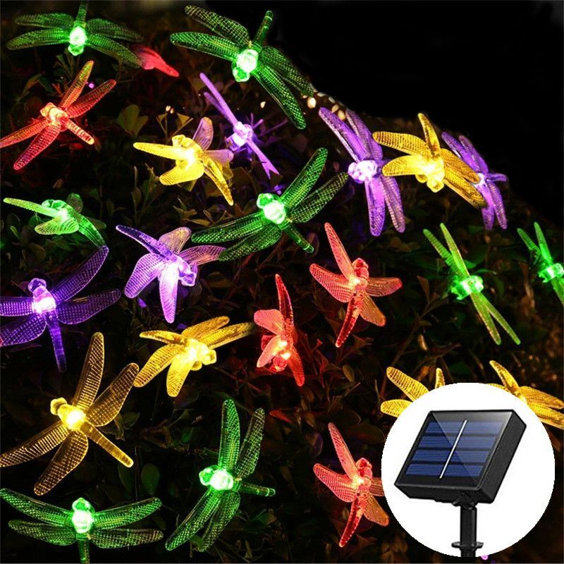 Luzes de corda de libélula solar 20led luz de fadas guirlanda iluminação de férias para casamento ao ar livre jardim árvore pátio festa decoração: RGB