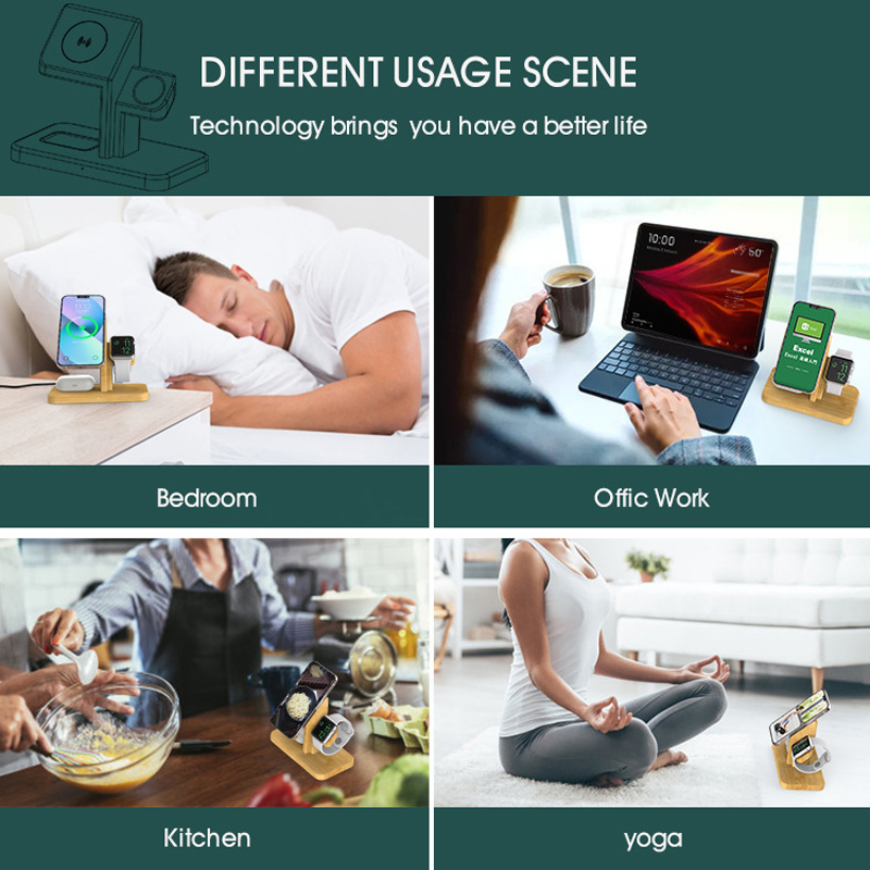 Bamboo 3 in 1 iPhone Wireless Charging Station 15W Charger Stand Dock for iPhone 14/13/12/11 iWatch se7/6/5/4 Airpods 4/3/2