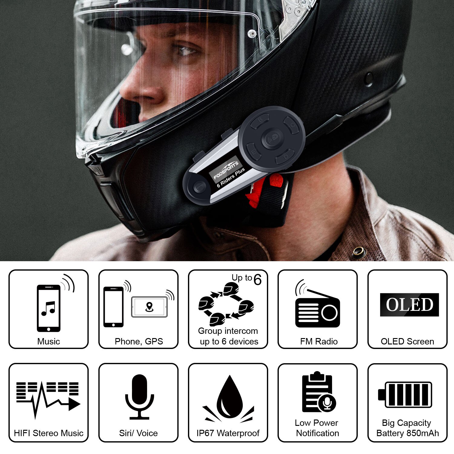 Fodsports  v6 plus motorcykel hjelm headset intercom 6 riders 1000m trådløs bluetooth interphone vandtæt intercomunicador fm