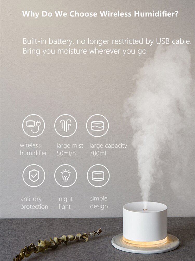 780ML Wireless Air Humidifier White USB Rechargeable Battery Aroma Diffuser With Romantic Lamp Ultrasonic Humidifiers Diffusers