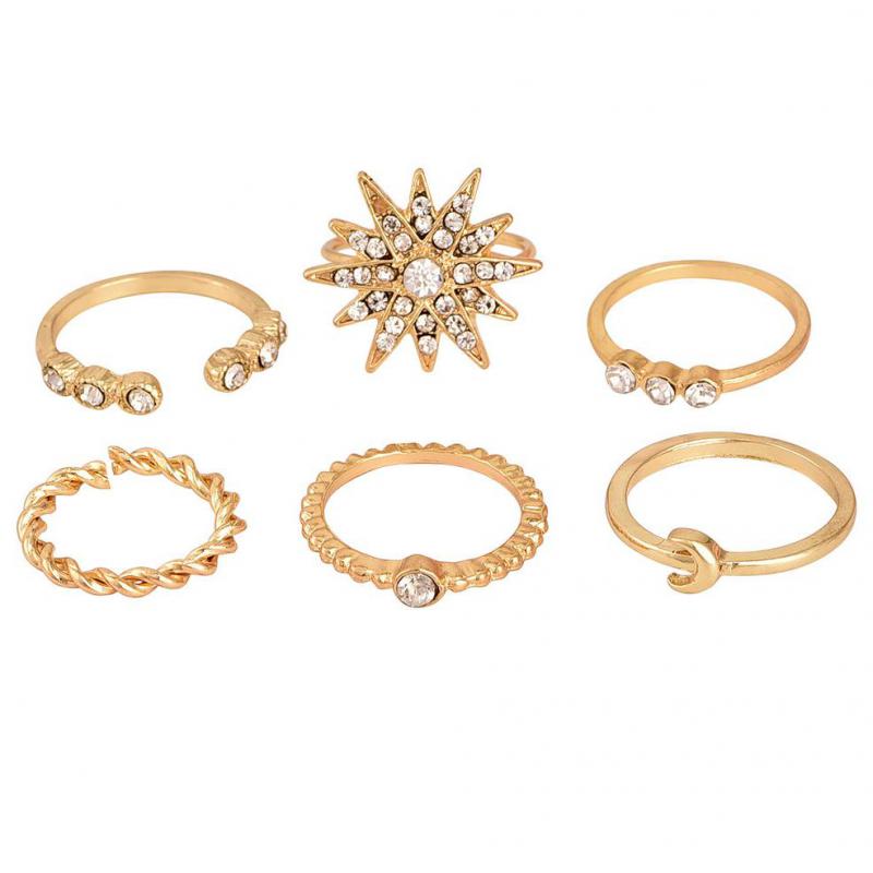 6 stk/set Charme Gouden Kleur Ringen Ster Maan Kristal Midi Vinger Ring Set Voor Vrouwen Knuckle Partij Ringen Punk Boho sieraden