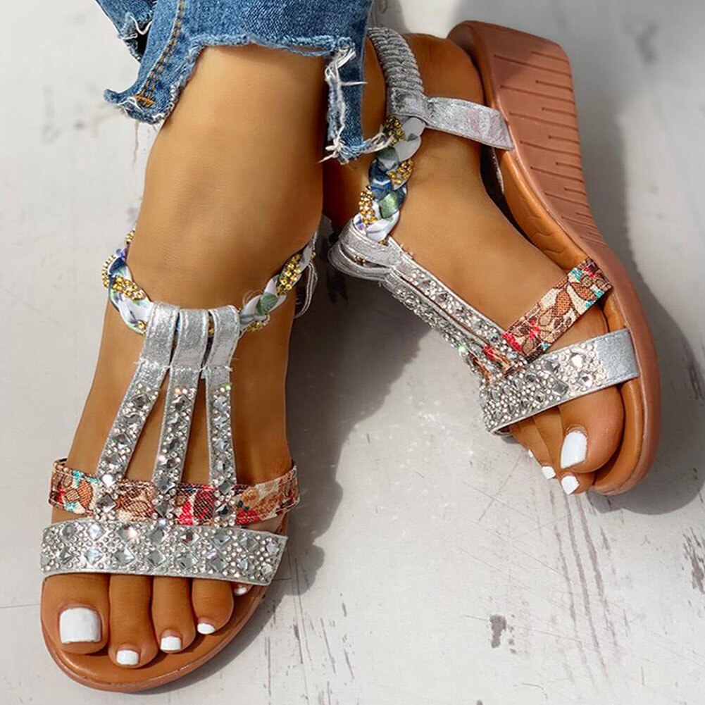 Gladiator Sleehak Elastische Band Kristallen Zomer Vrouwen Schoenen Vrouw Sandalen Strand Sandalen