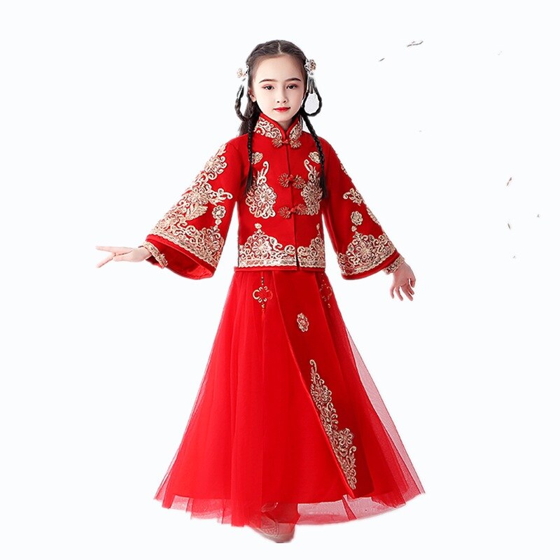 chinese dress Girls Chinese style super fairy Hanfu suit Children's antiquity Tang suit underskirt Girl long-sleeved costume: 160cm