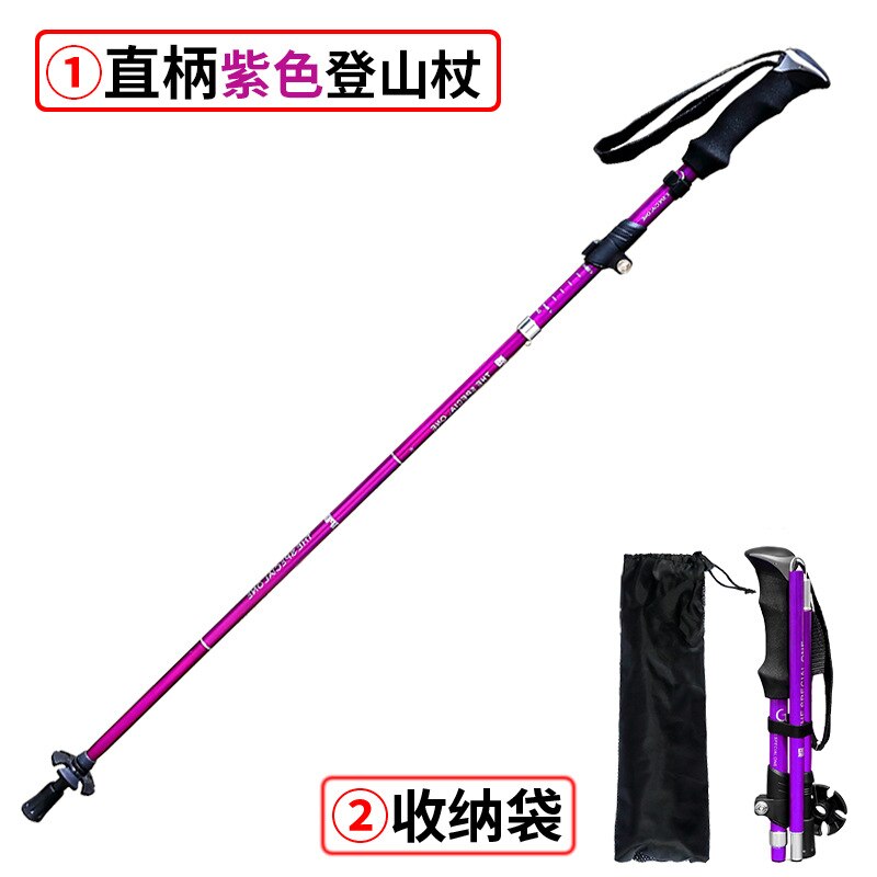 Outdoor Portable Folding Walking Pole Ultralight Walking Trekking Pole Hiking Walking Stick: Straight handle purp