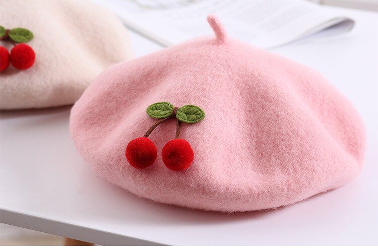 Béret de cerise pour enfants, chapeau pour fille, couleur Pure, mignon, Style japonais, fait à la main, , collection automne hiver, 48-52CM