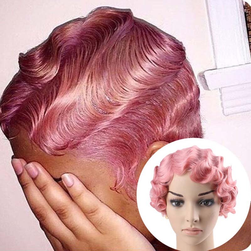 AILIADE cheveux noirs vague courte perruques pour femme court doigt vague perruques court coupe de lutin perruque courte perruques: T1B/613