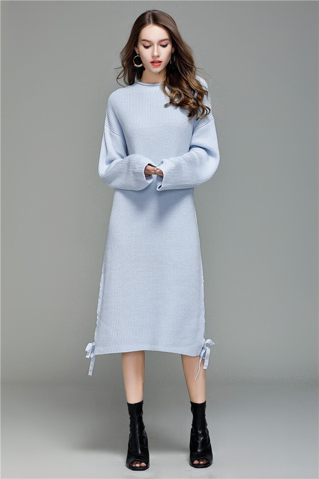 Autumn Winter Women Knitted Dress O Neck Long Sleeeve Patchwork Solid Loose Sweater Dress Vestidos de invierno: light blue