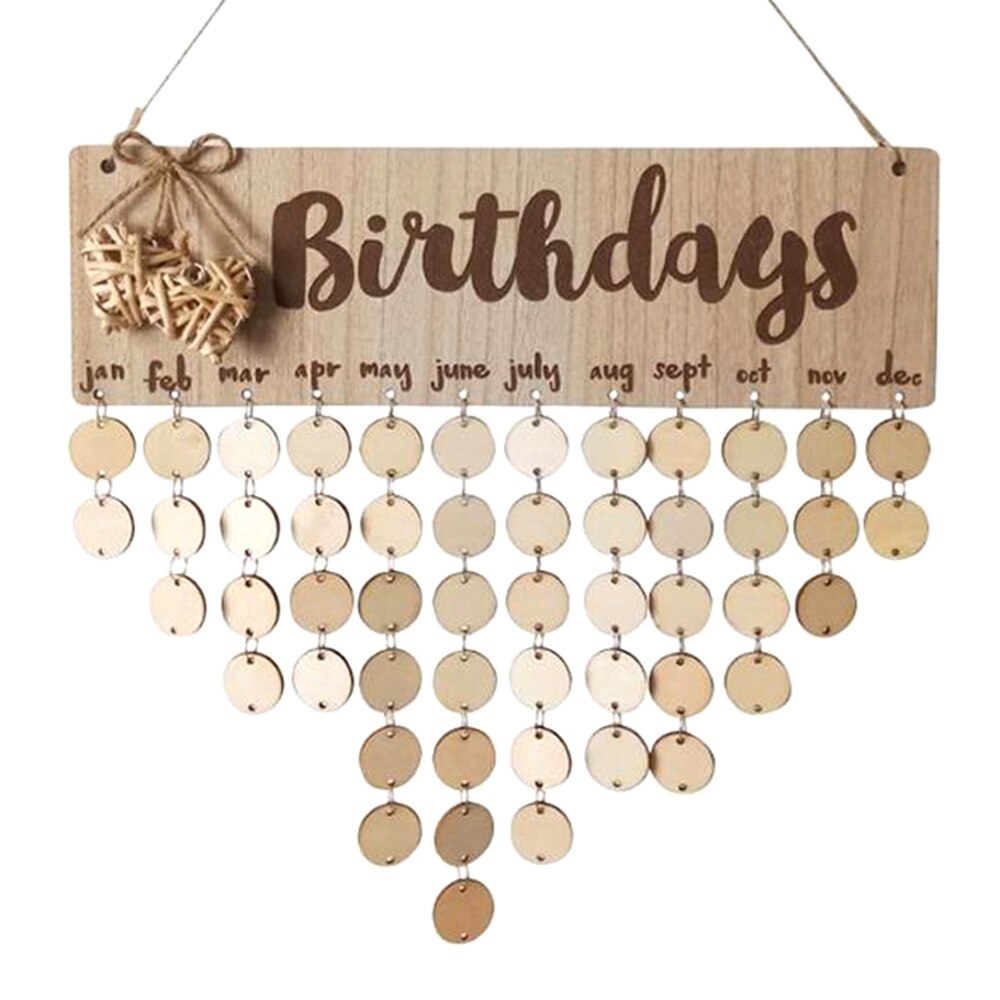 Alcioneo Calendario Compleanni In Legno Da Appendere - Promemoria Con Dischetti - 40x12cm