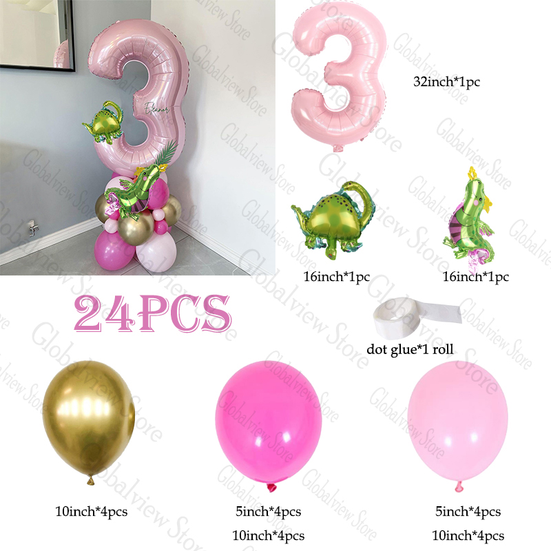 Roze dinosaurus ballon set Dino folie ballon boeket Dino thema verjaardagsfeestje decor meisje 3e verjaardag digitale nummer ballon: RUBY / K