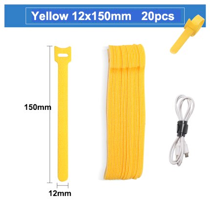 10pcs/Releasable Cable Ties Plastics Hook Loop Fastening Reusable Cable Ties Nylon Loop Wrap Zip Bundle T-type Cable Tie Wire: Yellow 12x150MM