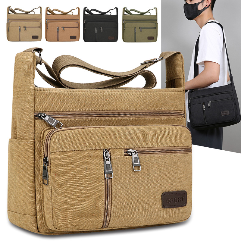 Canvas Schoudertas Fles Mannen Vrouwen Casual Eenvoudige Mode Retro Crossbody Cross Vierkant Gelaagd