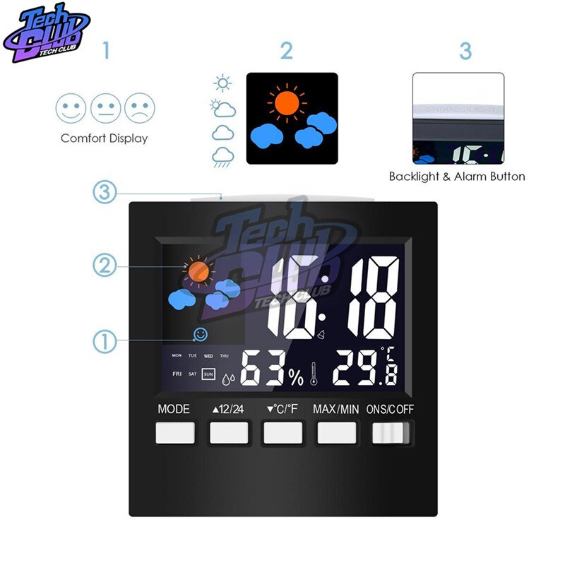 Reloj despertador Digital estación meteorológica medidor de humedad y temperatura LED pronóstico del tiempo Snooze reloj de mesa con proyección de tiempo