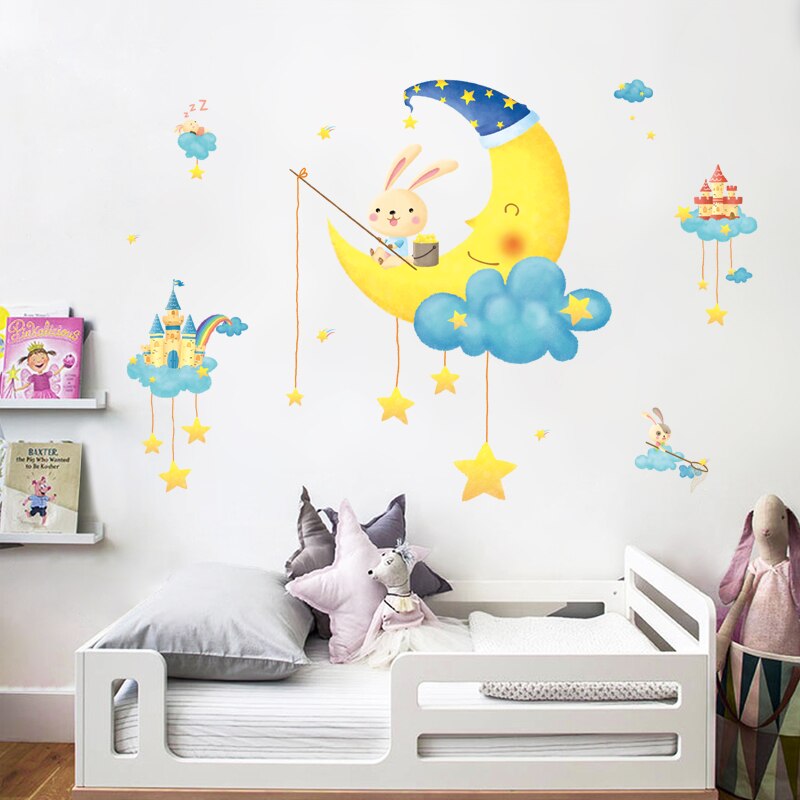 Muurstickers met een cartoon maan en konijn voor kinderkamers, babykamer, kinderkamerdecoratie, zelfklevende vinyl muurstickers, huisdecoratie
