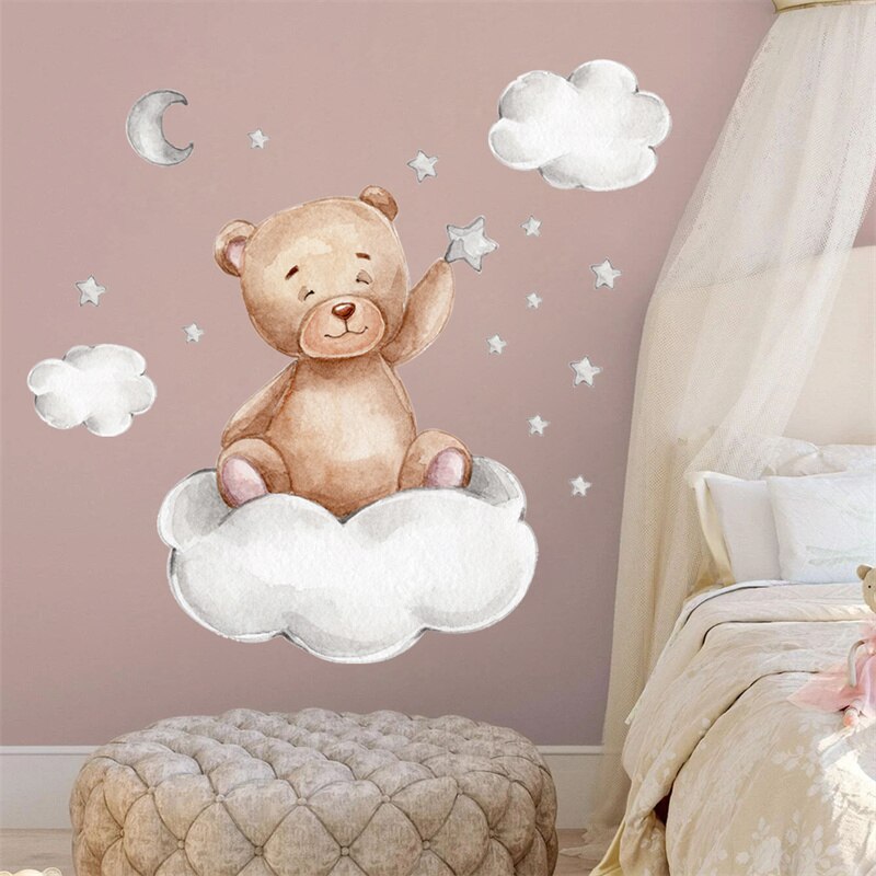 Cartoon Teddy Bear Sleeping on The Moon and Stars Wall Stickers for Kids BedRoom Baby Room Decoration Wall Decals Room Interior