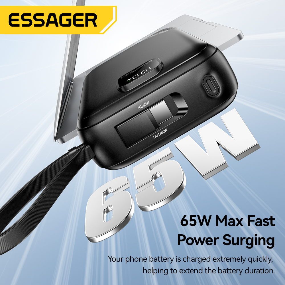 Essager Power Bank 20000mAh PD 65W Fast Charging Digital Display Portable PowerBank With 2 cables for iPhone 16 Laptop MacBook
